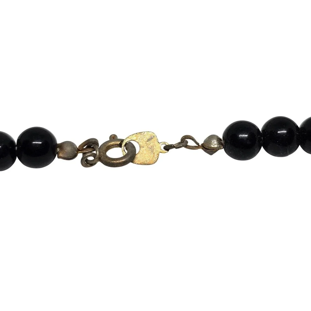 Vintage Black Beaded Cloisonné Floral Necklace Gold Tone Spacers Statement 24